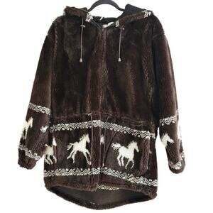 Vtg Horse Faux Fur Jacket Sz L 90s Andrea Faye Southwestern Hooded USA Brown